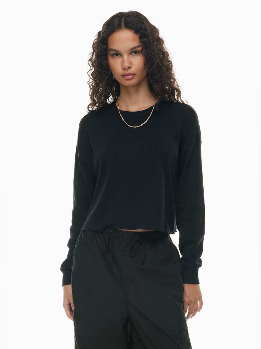 Aritzia TNA Waffle Crew Boxy Long Sleeve Cropped top in Black Size Small